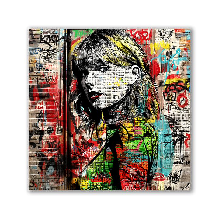 Pop-Art-Porträt zeigt stilisierte Taylor Swift mit Graffiti und Farbspritzern - Affengeile Bilder