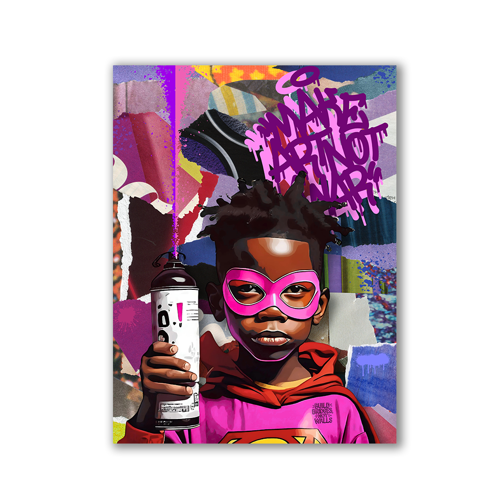Junge als Superheld mit Sprühdose vor Graffitischriftzug MAKE ART NOT WAR - als Leinwandbild oder Poster - Affengeile Bilder