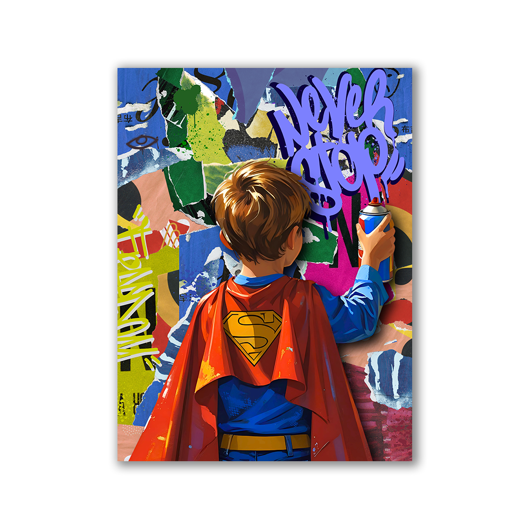Junge als Superheld mit Sprühdose vor Graffitiwand und Schriftzug NEVER STOP - als Leinwandbild oder Poster - Affengeile Bilder