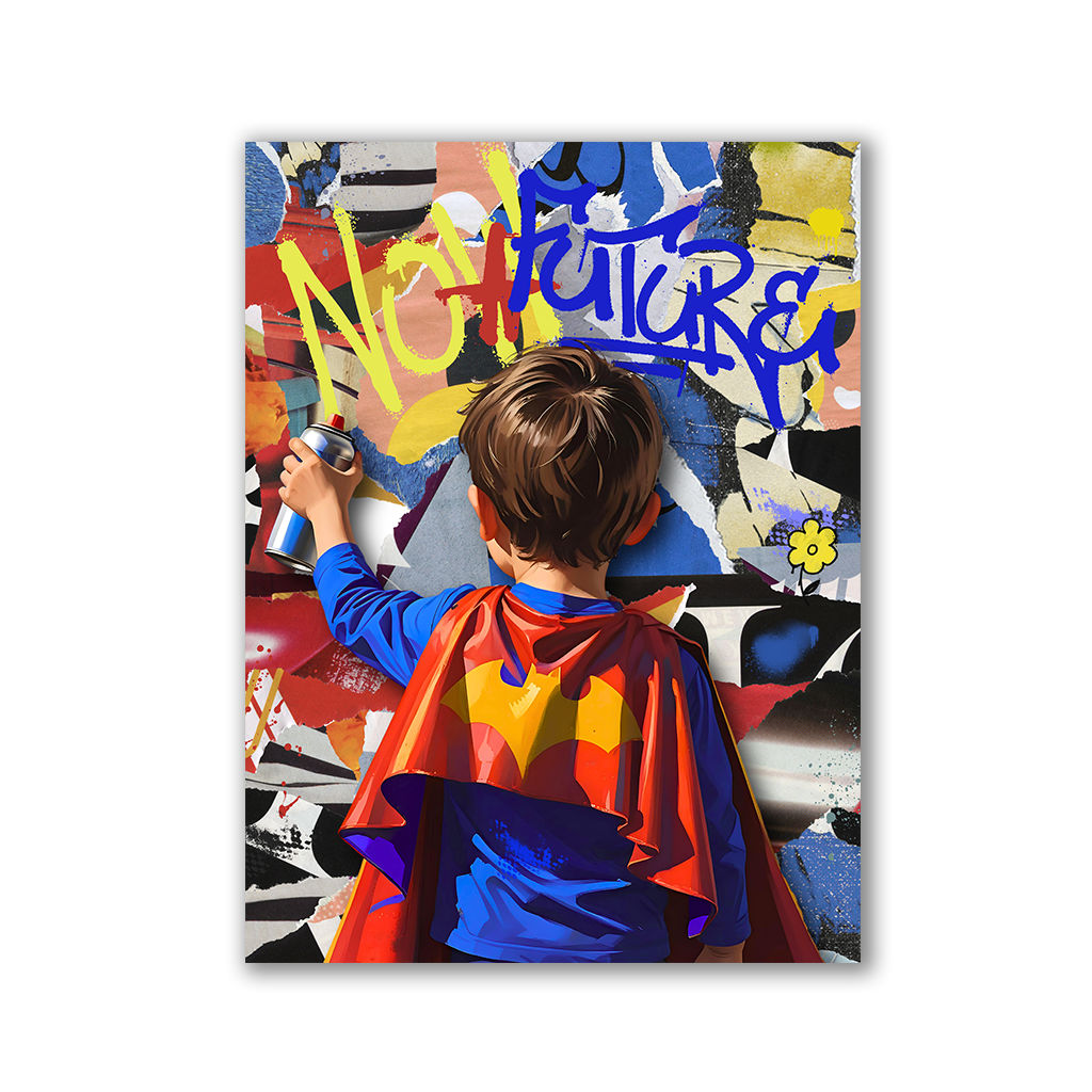 Junge als Superheld mit Sprühdose vor Graffitiwand und Schriftzug NO FUTURE - als Leinwandbild oder Poster - Affengeile Bilder
