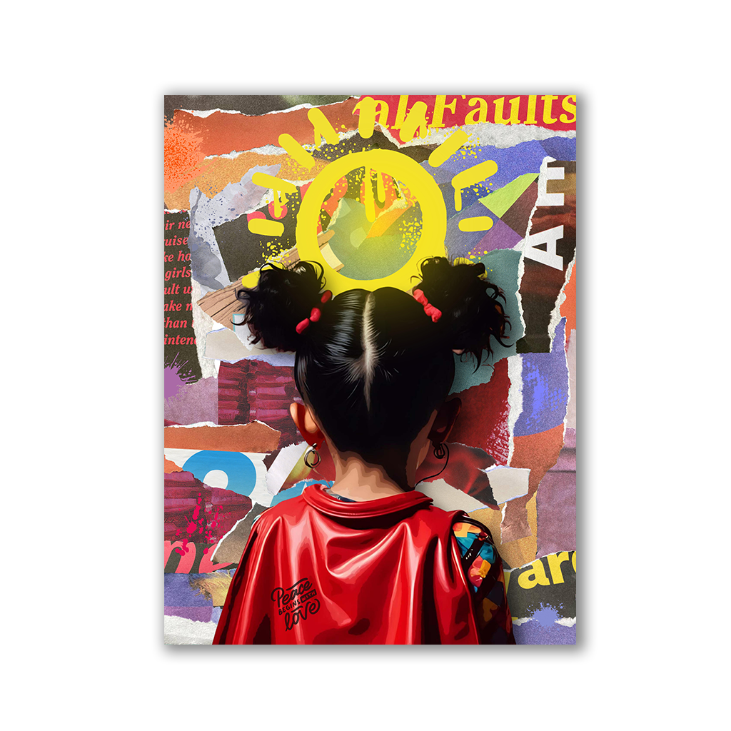 Mädchen als Superheld vor bunter Graffitiwand mit großer gelber Sonne - als Leinwandbild oder Poster  - Affengeile Bilder