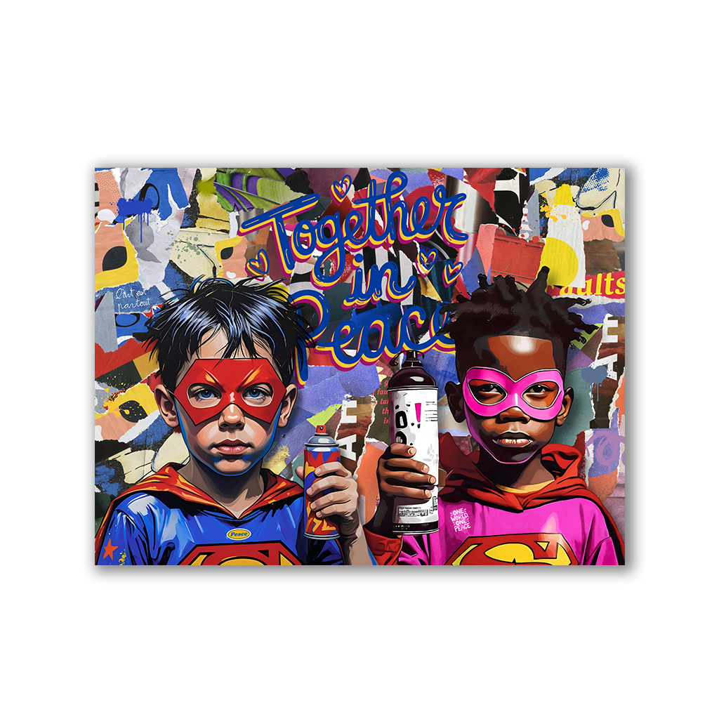 Kinder als Superhelden vor Graffitiwand mit Striftzug TOGETHER IN PEACE - als Leinwandbild oder Poster - Affengeile Bilder