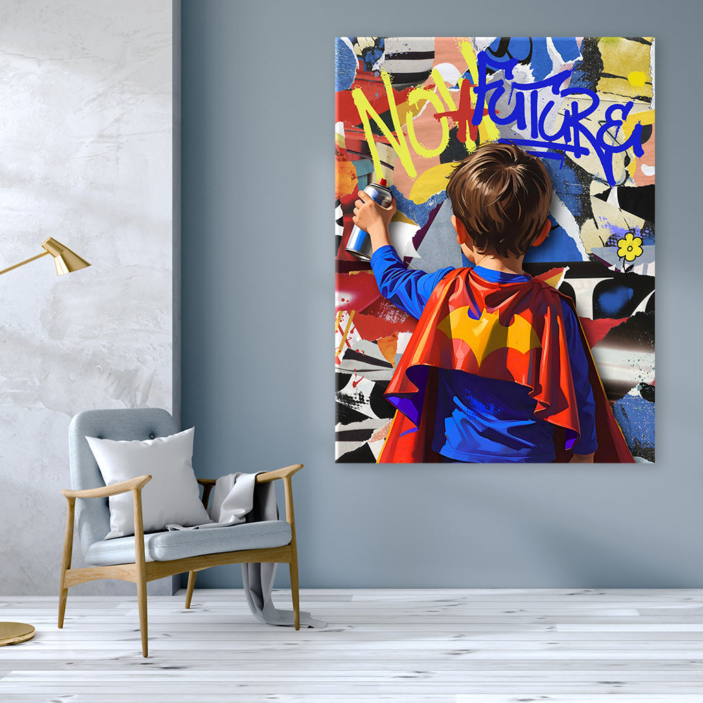 Junge als Superheld mit Sprühdose vor Graffitiwand und Schriftzug NO FUTURE - als Leinwandbild oder Poster im Wartezimmer - Affengeile Bilder