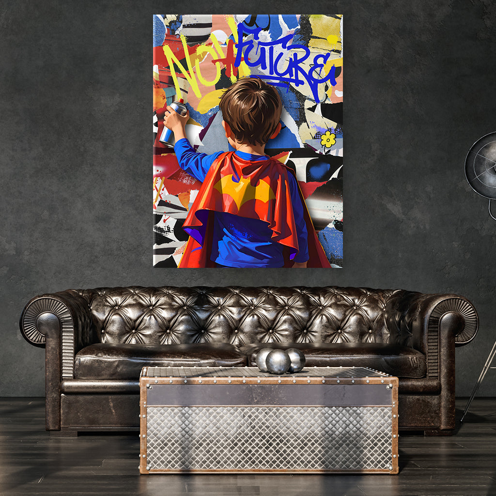 Junge als Superheld mit Sprühdose vor Graffitiwand und Schriftzug NO FUTURE - als Leinwandbild oder Poster im Wohnzimmer - Affengeile Bilder