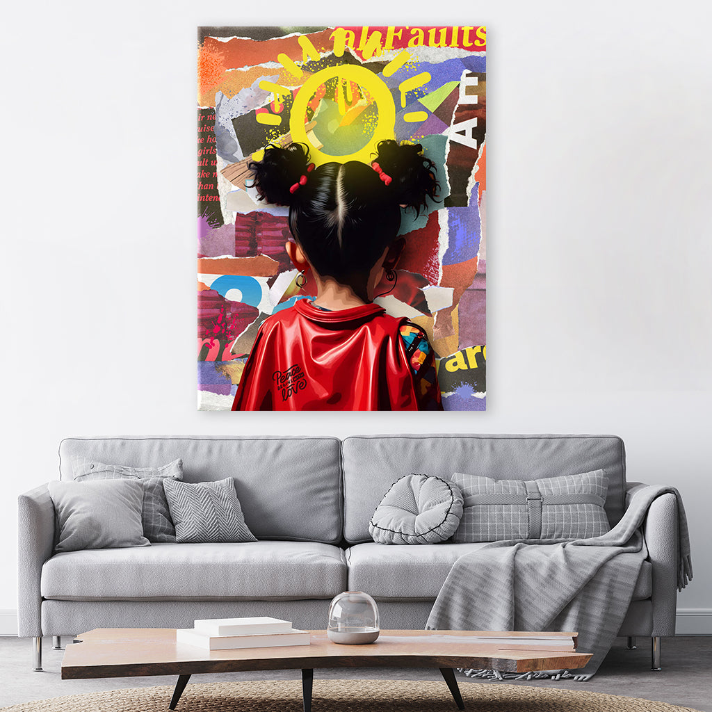 Mädchen als Superheld vor bunter Graffitiwand mit großer gelber Sonne - als Leinwandbild oder Poster im Wohnzimmer - Affengeile Bilder