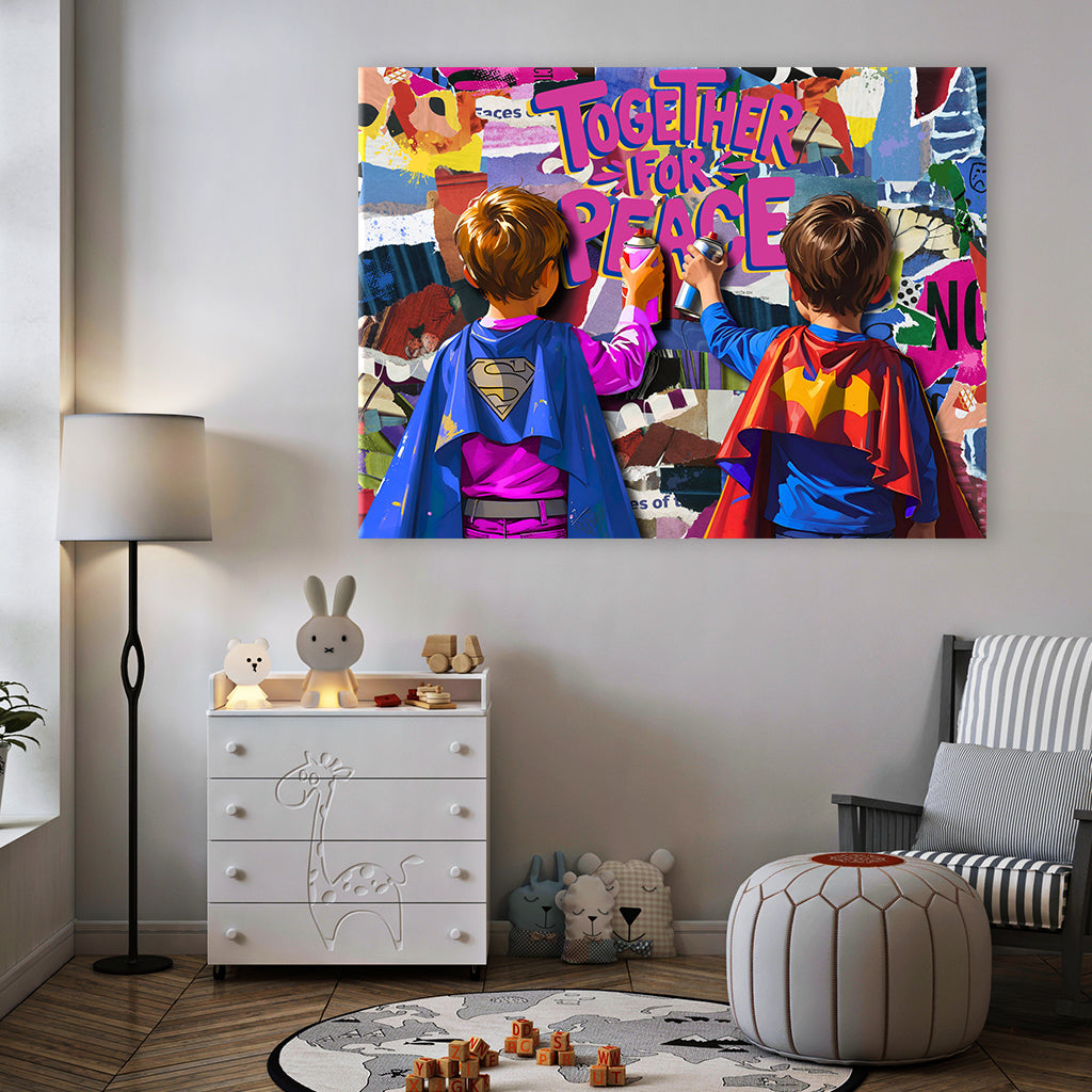 Kinder als Superhelden vor Graffitiwand sprühen Striftzug TOGETHER FOR PEACE - als Leinwandbild oder Poster im Kinderzimmer - Affengeile Bilder