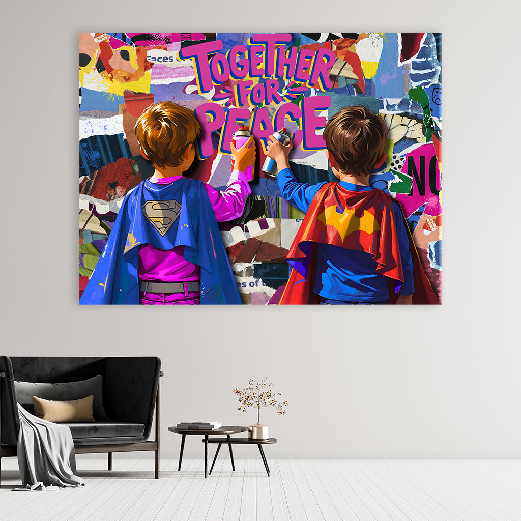 Kinder als Superhelden vor Graffitiwand sprühen Striftzug TOGETHER FOR PEACE - als Leinwandbild oder Poster im Wartezimmer - Affengeile Bilder