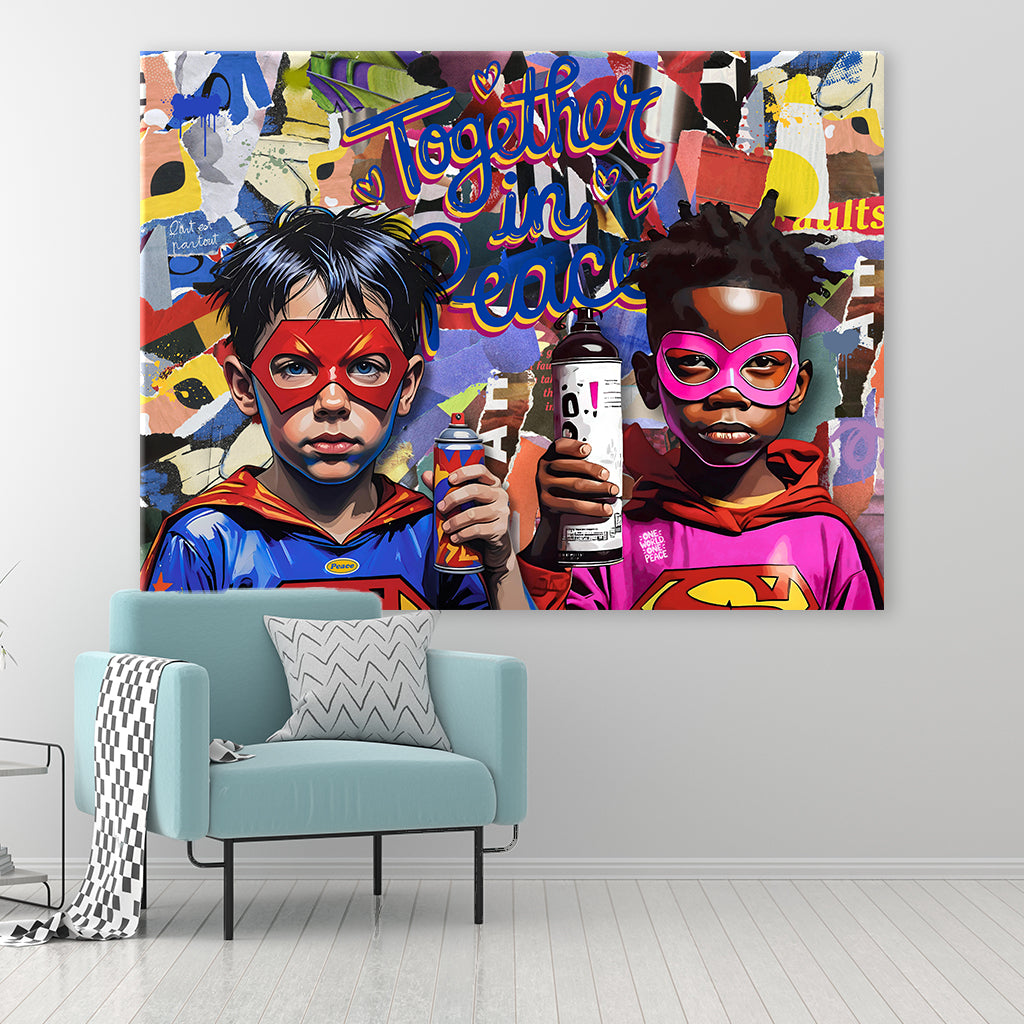 Kinder als Superhelden vor Graffitiwand mit Striftzug TOGETHER IN PEACE - als Leinwandbild oder Poster im Wartezimmer - Affengeile Bilder