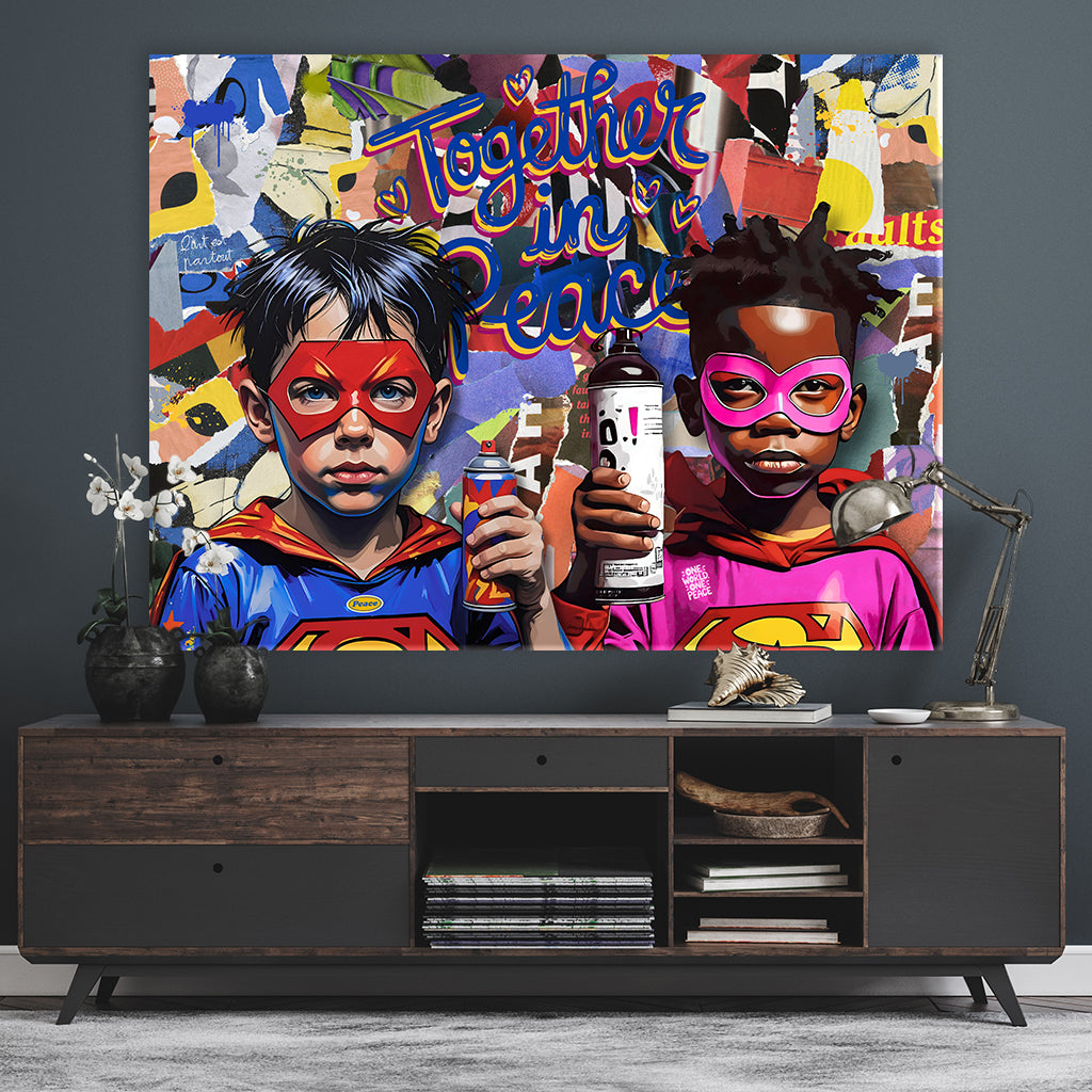 Kinder als Superhelden vor Graffitiwand mit Striftzug TOGETHER IN PEACE - als Leinwandbild oder Poster im Flur - Affengeile Bilder